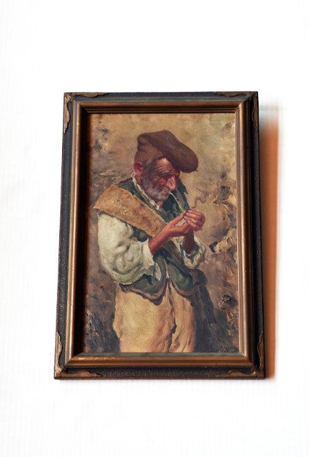 Antique Early 19th Century Oil on Canvas of French Pauper Smoking Pipe