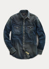 Front VIew of RRL Slim Fit Denim Western Shirt (Dark Wash)